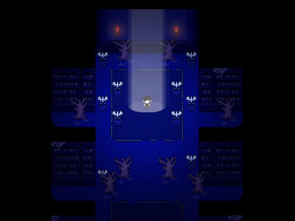 Library — dark blue, dead trees